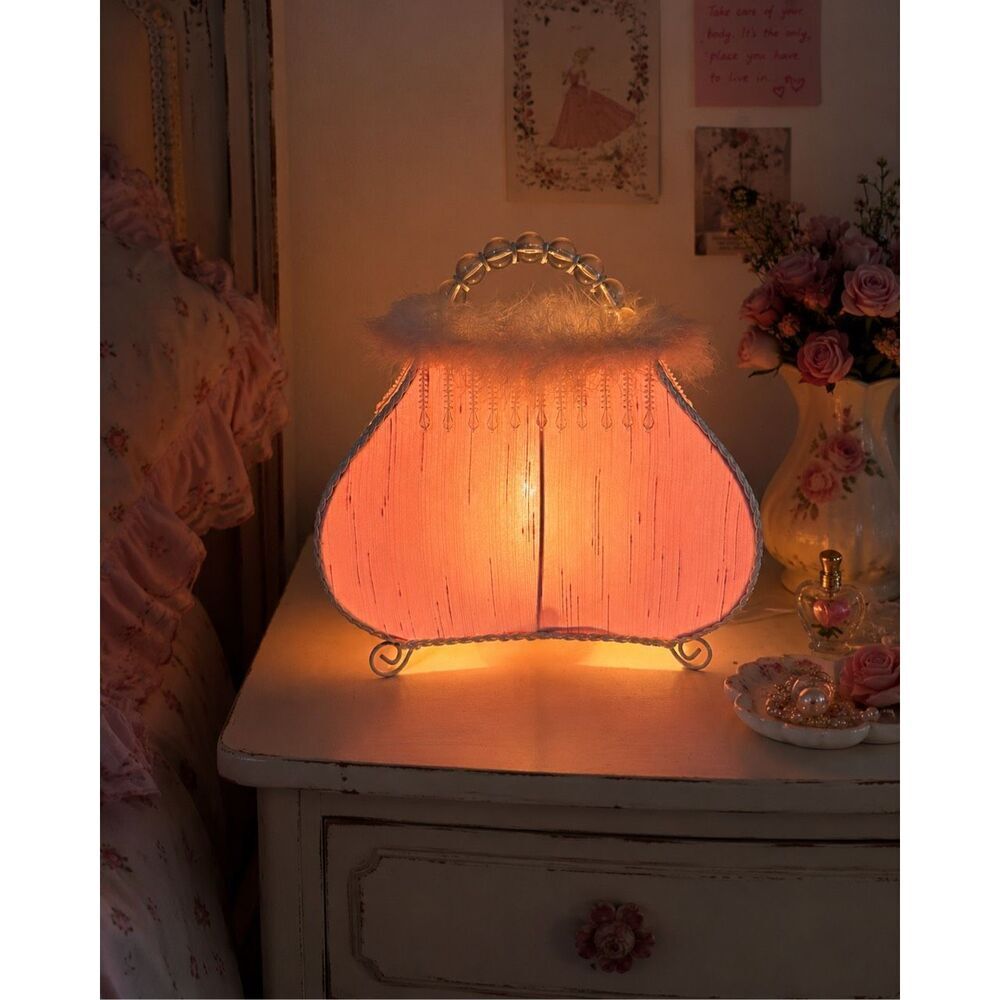 Vintage Pink Purse Handbag Accent Lamp Faux Fur Beaded Handle Shabby Chic